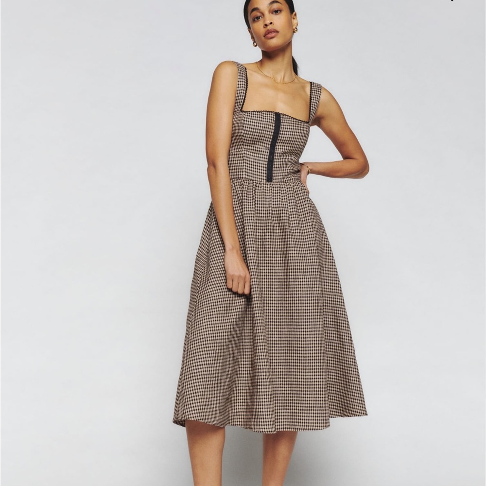 Elegant Brown Checkered Dress Reformation Tagliatelle Sz 2